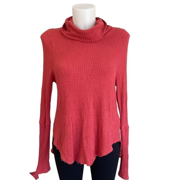 WE THE FREE Free People Waffle Knit Cowl Neck Top Size XS Rustic Orange - Picture 1 of 9